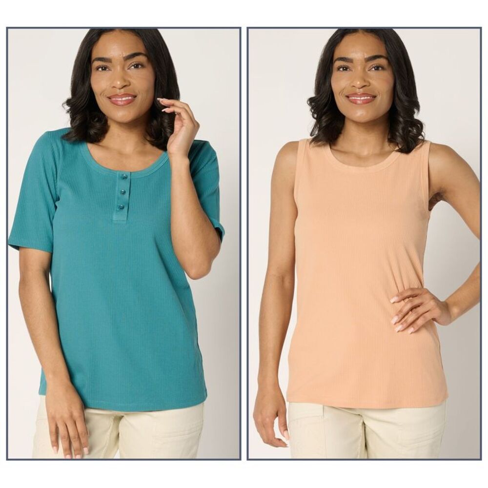 Fashion Women's Top Sz L Rib Henley Tank Multi-colored